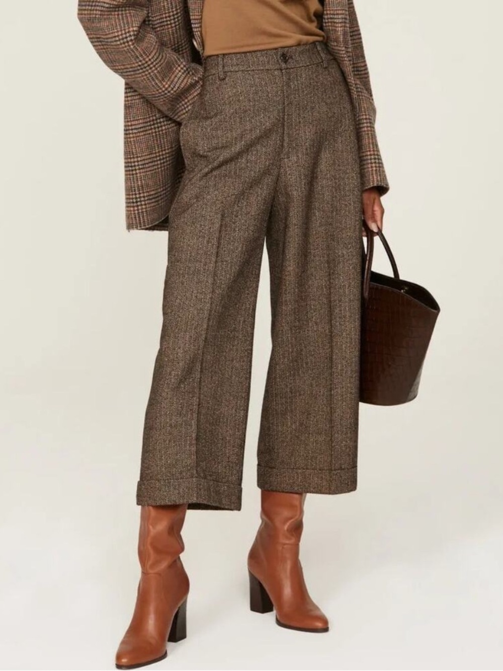 Lauren Ralph Lauren Wool Blend Herringbone Cropped Wide Leg Pants Size 10